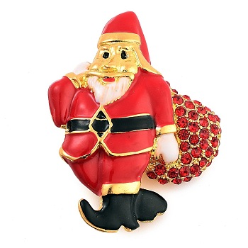 Christmas Theme Enamel Pins, Alloy Rhinestone Brooches for Backpack Clothes, Santa Claus with Gift Bags, Golden, 49x38mm