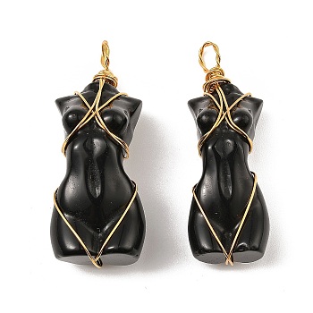 Natural Obsidian Pendants, with Golden Tone Rack Plating Brass Wire Wrap, Long-Lasting Plated, Lead Free & Cadmium Free, Human, 52x18.5x2.2mm, Hole: 4.8mm