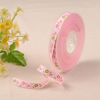 Flower Pattern Printed Grosgrain Ribbon, for Gift Packing, Pink, 3/8 inch(10mm), about 100yards/roll(91.44m/roll)