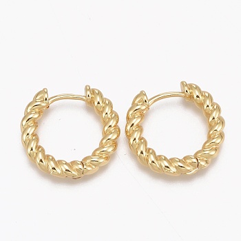 Brass Huggie Hoop Earrings, Long-Lasting Plated, Twisted Ring Shape, Real 18K Gold Plated, 21.5x4mm, Pin: 1mm