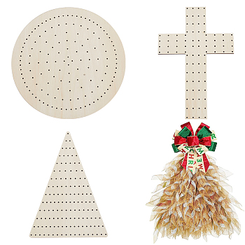 3Pcs Wood Round Triangle Cross Wreath Boards, Wooden Macrame Flower Boards for Mesh Wreath Form, DIY Wreath Decor Supplies, Antique White, 280~300x200~300x2~2.8mm, Hole: 2.9mm