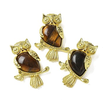 Natural Tiger Eye Pendants, Brass Owl Charms, Golden, Rack Plating, Cadmium Free & Lead Free, 36.5x26.5x7.5mm, Hole: 6.5x4.5mm