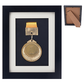 Wooden Single Medal Display Case, Badge Box Frame with Glass Windows, Rectangle, Black, 23.3x18.4cm