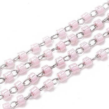 TOHO Japan Import Seed Beads, Handmade Glass Beaded Chains, Soldered, Opaque Colours Lustered, with Stainless Steel Findings, Column, Stainless Steel Color, Pink, 2mm, about 26.24 Feet(8m)/strand