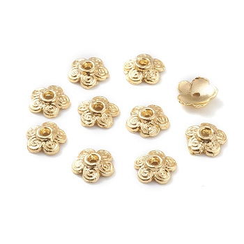 Alloy Bead Caps, Long-Lasting Plated, 5-Petal Flower, Real 18K Gold Plated, 7x2mm, Hole: 1mm