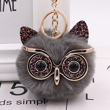 Pom Pom Ball Keychain, with KC Gold Tone Plated Alloy Lobster Claw Clasps, Iron Key Ring and Chain, Owl, Gray, 12cm