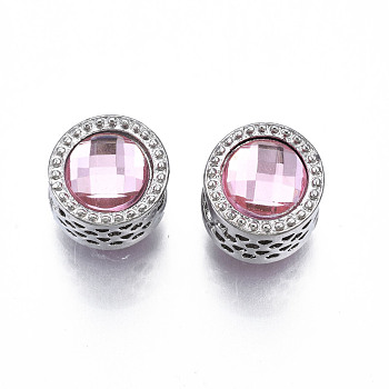 Rack Plating Alloy European Beads, with Resin, Large Hole Beads, Cadmium Free & Lead Free, Column, Platinum, Pink, 12x11.5mm, Hole: 5.5mm