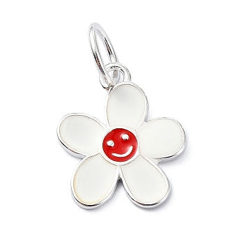 925 Sterling Silver Enamel Smiling Face Flower Charms, with Jump Rings & 925 Stamp, Silver Color Plated, Red, 14.5x12x1mm, Hole: 4mm