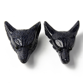 Synthetic Blue Goldstone Pendants, Top Drilled Beads, with Black Onyx Eye, Wolf Head, 46~47x32.5~33.5x18mm, Hole: 2mm