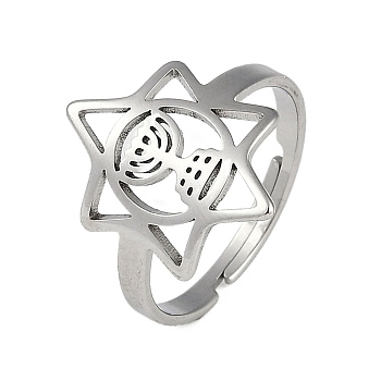 304 Stainless Steel Adjustable Rings for Women, Hexagram, Silver & Green Patina, 18mm, Inner Diameter: 18mm