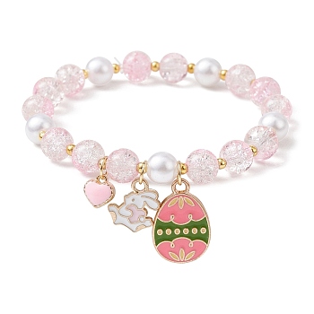 Glass Round Beaded Stretch Bracelet, Heart & Egg & Rabbit Alloy Enamel Charms Easter Theme Bracelet for Women, Pink, Inner Diameter: 2-3/8 inch(5.9cm)