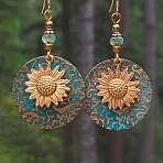Bohemian Style Flat Round with Sunflower Alloy Glass Dangle Earrings, Golden, 65x35mm(FS-WG7EAB8-01)