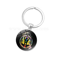 Seven Chakras Yoga Theme Glass Half Round/Dome Pendant Keychain, with Alloy Key Rings, for Car Bag Pendant Accessories, Colorful, 5.7cm(WG14972-09)