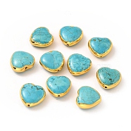 Natural Turquoise Beads, with Golden Plated Brass Findings, Long-Lasting Plated, Dyed, Heart, 14.5~15x15~15.5x6.5~7mm, Hole: 0.9mm(KK-G409-16G)