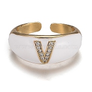 Brass Micro Pave Clear Cubic Zirconia Cuff Rings, Open Rings, with Enamel, Cadmium Free & Lead Free, Golden, Letter.V, US Size 7 1/4, Inner Diameter: 17.6mm(RJEW-H538-03G-V)