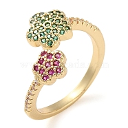 Rack Plating Brass Micro Pave Cubic Zirconia Open Cuff Rings, Flower, Real 18K Gold Plated, Adjustable(RJEW-K266-02G)