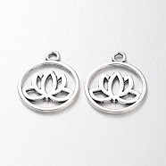 Tibetan Style Filigree Alloy Pendants, Flat Round with Lotus, Cadmium Free & Lead Free, Antique Silver, 24x20x1.5mm, Hole: 2.3mm(TIBEP-5354-AS-LF)