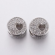 Brass Micro Pave Cubic Zirconia European Beads, Large Hole Beads, Hollow, Flat Round with Heart, Clear, Platinum, 11x8mm, Hole: 4.5mm(OPDL-P001-42)