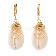 304 Stainless Steel Leverback Earrings, with Wire Wrapped Natural Cowrie Shell Beads, Golden, Bisque, 41mm, Pin: 0.7mm(EJEW-JE05779-02)