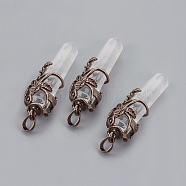 Natural Quartz Crystal Pointed Pendants, Rock Crystal Pendants, with Red Copper Plated Brass Findings, Bullet, 57~60x16mm, Hole: 8x5mm(G-O164-02F)