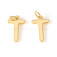 Brass Charms, with Jump Rings, Letter, Real 18K Gold Plated, Letter.T, T: 10x6.5x1mm, Hole: 2.5mm(X-KK-I672-01T-G)