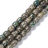Tibetan Style dZi Beads Strands, Natural Agate Beads, Dyed & Heated, Oval, Nectar Bottle Pattern, 13~14x9.5~10mm, Hole: 1.2mm, about 25pcs/strand, 13.39''(34cm)(TDZI-E005-01F)