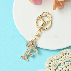 Golden Alloy Rhinestone Keychain, with Alloy Clasp and Iron Rings, Letter F, 10cm, Pendant: 42mm(KEYC-YW00105-06)