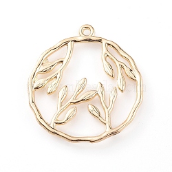 Zinc Alloy Pendants, Long-Lasting Plated, Flat Round with Leafy Branches, Light Gold, 27x25x2mm, Hole: 1.2mm(PALLOY-E564-26KCG)