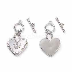 Brass with Shell Toggle Clasps, Heart with Crown Pattern, Platinum, Bar: 12.5x3.5x1.5mm, Hole: 1.2mm, Heart: 27.5x14.5x2.5mm, hole: 1.4mm(KK-E068-VC164)