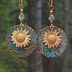 Bohemian Style Flat Round with Sunflower Alloy Glass Dangle Earrings, Golden, 65x35mm(FS-WG7EAB8-01)