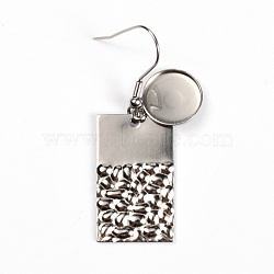 304 Stainless Steel Earring Hooks, with Flat Round Settings, Rectangle, Stainless Steel Color, Tray: 12mm, 47.5mm, Pin: 0.8mm(STAS-WH0027-20B)