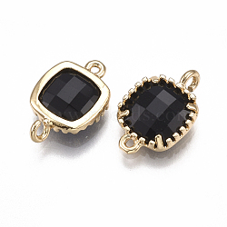 Glass Links connectors, with Brass Findings, Faceted, Square, Golden, Black, 14.5x9.5x3.5mm, Hole: 0.8~1.2mm(X-GLAA-S179-07A)