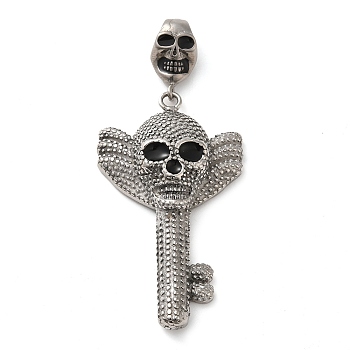 Halloween 304 Stainless Steel Enamel Pendants, Key with Skull Charm, Stainless Steel Color, 69mm