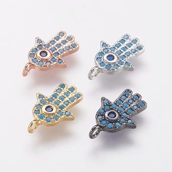 Brass Micro Pave Cubic Zirconia Charms, Hamsa Hand/Hand of Fatima/Hand of Miriam, Mixed Color, 14x9.5x1.5mm, Hole: 1mm