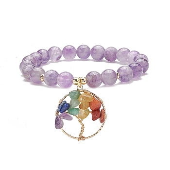 Natural Amethyst Stretch Bracelet, Yoga Chakra Mixed Gemstone Chips Tree of Life Charms Bracelet for Women, Inner Diameter: 2 inch(5.2cm)