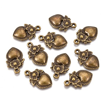 Tibetan Style Alloy Pendants, Flower & Heart, Nickel Free, Antique Bronze, 18.3x11.3x2.6mm, Hole: 1.2mm