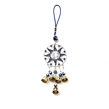 Sun Moon Star Wind Chimes, Handmade Lampwork & Alloy & Resin Evil Eye Hanging Ornaments, Antique Silver & Golden, 329mm