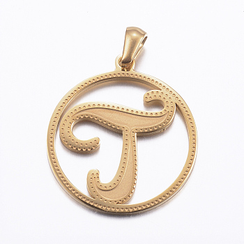 Ion Plating(IP) 304 Stainless Steel Pendants, Flat Round with Letter, Golden, Letter.T, 28x25x1.2mm, Hole: 6x3.5mm