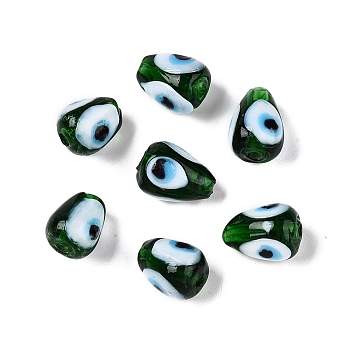 Handmade Evil Eye Lampwork Beads, Teardrop, Green, 13~15x9~10.5mm, Hole: 1~1.8mm