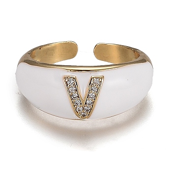 Brass Micro Pave Clear Cubic Zirconia Cuff Rings, Open Rings, with Enamel, Cadmium Free & Lead Free, Golden, Letter.V, US Size 7 1/4, Inner Diameter: 17.6mm