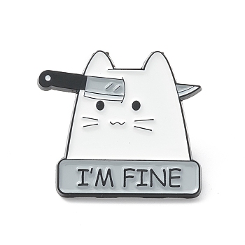 Word I'm Fine Brooch, Cat with Knife Lapel Pin for Backpack Clothes, Electrophoresis Black, White, 25.5x28x1.5mm, Pin: 1mm