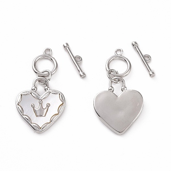 Brass with Shell Toggle Clasps, Heart with Crown Pattern, Platinum, Bar: 12.5x3.5x1.5mm, Hole: 1.2mm, Heart: 27.5x14.5x2.5mm, hole: 1.4mm