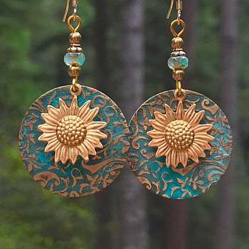Bohemian Style Flat Round with Sunflower Alloy Glass Dangle Earrings, Golden, 65x35mm