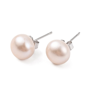 Natural Pearl Round Bead Stud Earrings, with Real Platinum Plated 925 Sterling Silver Findings, Thistle, 16.5x7~8mm