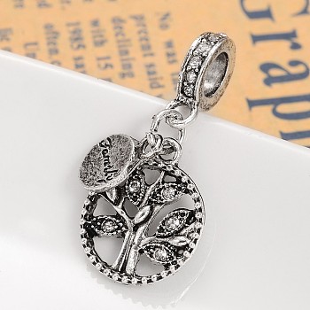 Ring with Tree Alloy Rhinestone European Dangle Charms, Large Hole Pendants, Crystal, 30mm, Hole: 5mm