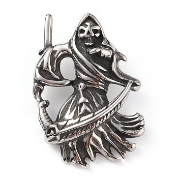 304 Stainless Steel Pendants, God of Death Charm, Antique Silver, 44.5x32x16mm, Hole: 9x5mm