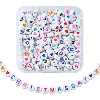 200Pcs 2 Style Opaque Acrylic Beads, Flat Round with Letter & Heart, Mixed Color, 7x3.5mm, Hole: 1.2mm