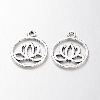 Tibetan Style Filigree Alloy Pendants, Flat Round with Lotus, Cadmium Free & Lead Free, Antique Silver, 24x20x1.5mm, Hole: 2.3mm