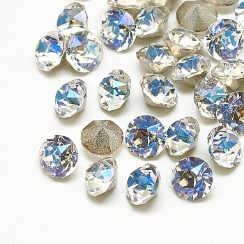 Pointed Back Glass Rhinestone Cabochons, Back Plated, Faceted, Diamond, Moonlight, 6x5.5mm