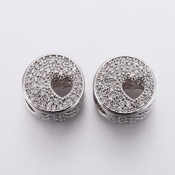 Brass Micro Pave Cubic Zirconia European Beads, Large Hole Beads, Hollow, Flat Round with Heart, Clear, Platinum, 11x8mm, Hole: 4.5mm